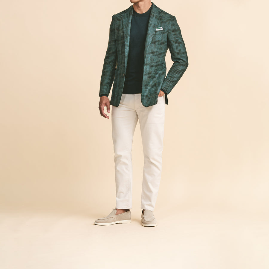 Sport Coat - Bottle Green Wool-Silk-Linen with Dark Green Overcheck 9121