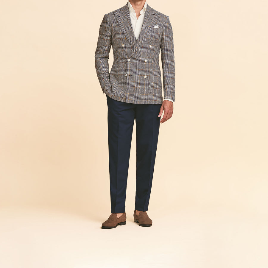 Sport Coat - Royal Blue-Ivory Wool-Silk-Linen Glencheck with Light Brown Windowpane by Loro Piana 9127