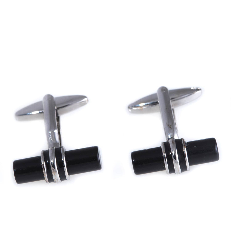 Rhodium-plated Round Black Bar Cufflinks